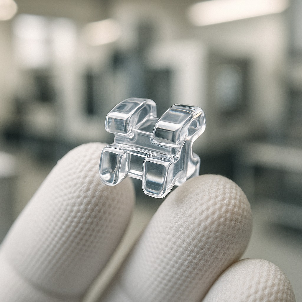 Sapphire orthodontic bracket — Swiss precision manufacturing close-up